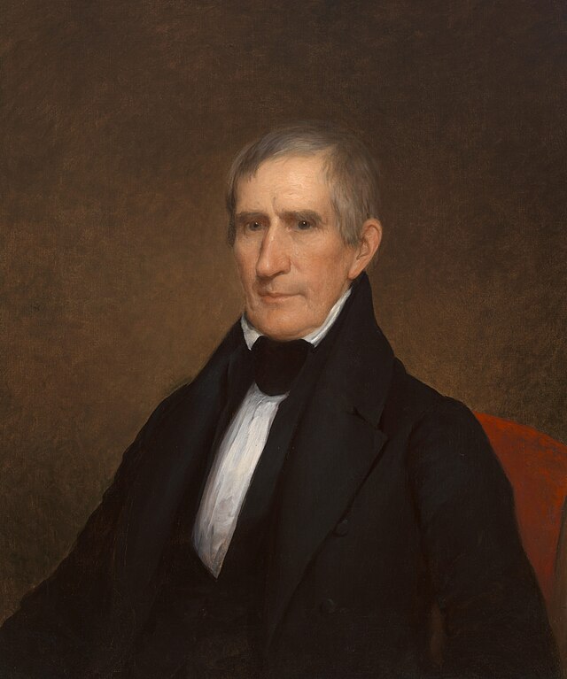 Das Ölgemälde zeigt William Henry Harrison als einen älteren Herren vor einem dunklen Bildhintergrund.
