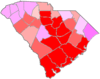 赤色はスコットが優勢だった郡、桃色はカーペンターが優勢だった郡。