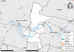 Carte en couleur présentant le réseau hydrographique de la commune