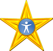 Image of a Wikipedia barnstar. The barnstar is bright yellow with the Accessibility Project's logo in the center. The logo is a blue circle with a white stylized human figure in the middle. The human figure (similar to a stick figure) has arms and legs spread out and a simple circle to represent the head.