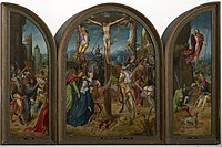 Adriaen van Overbeke - Tryptich of crucifixion with scenes of the carrying of the cross and the resurrection.jpg