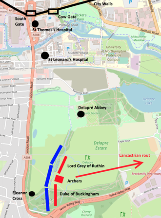 Estimated positions of the Yorkist and Lancastrian armies at Northampton, 10 July 1460 Battle of Northampton 1460.png