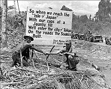 3rd Marine Div. 2nd Raider's sign on Bougainville. 53rd CB was the shore party to the 2nd Raiders of Green Beach, D-Day. Bougainville Seabee and Marine Raider 1.jpg