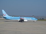 TUIfly Nordic Boeing 737-800 taxing at Burgas Airport.