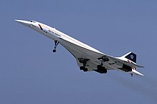 Concorde was a supersonic airliner that reduced transatlantic flight time from 8 hours to 3.5 hours. British Airways Concorde G-BOAC 03.jpg