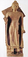 Buddha, standing, inscribed: "Gift of Abhayamira in 154 GE" (474 CE) in the reign of Kumaragupta II. Sarnath Museum.[57]