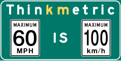 This sign is posted after the Canada–US border to remind US drivers that Canada uses the metric system. The imperial speed limit (left) is a BC-style sign, rather than an MUTCD-standard one as would be used in the US.