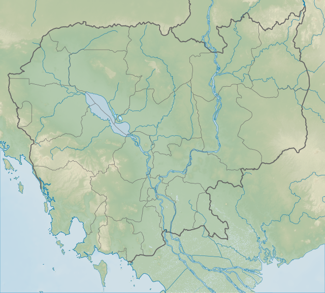 Mapa konturowa Kambodży, blisko górnej krawiędzi znajduje się punkt z opisem „miejsce bitwy”