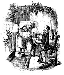 Black and white drawing of Scrooge and Bob Cratchit having a drink in front of a large fire