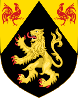 Blason du Brabant Wallon, reprenant le blason du Duché de Brabant ainsi que le coq de la Wallonie. Octroyé le 2 janvier 1995 par le Conseil.