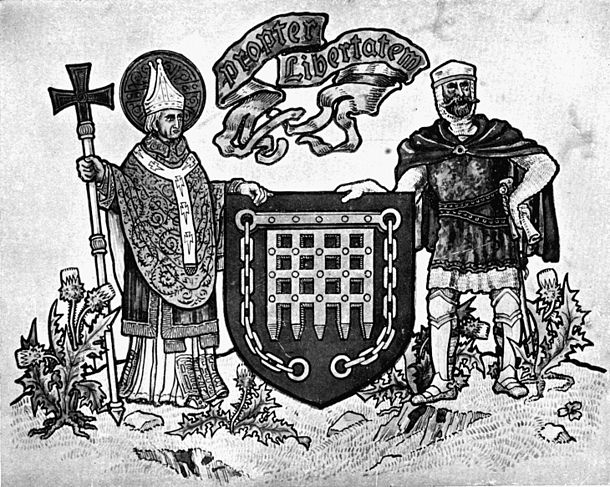 Fig. 669.—Arms of Arbroath: Gules, a portcullis with chains pendent or. Motto: "Propter Libertatem." Supporters: dexter, St. Thomas à Becket in his archiepiscopal robes all proper; sinister, a Baron of Scotland armed cap-à-pie, holding in his exterior hand the letter from the Convention of the Scottish Estates, held at Arbroath in the year of 1320, addressed to Pope John XXII., all proper.