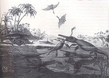 Черно-белый принт с изображением доисторических животных и растений, обитающих в море и на ближайшем берегу; На переднем плане изображены птерозавры, сражающиеся в воздухе над морем, и ихтиозавр, кусающий длинную шею плезиозавра.