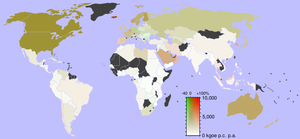 Energy consumption per capita (2001). Red hues...