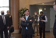 Esper visits FEMA headquarters in Washington, D.C., during the COVID-19 pandemic, April 15, 2020 Esper visits FEMA, April 15, 2020.jpg