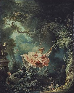 Fragonard's The Swing depicts a voyeur hidden in the bushes. As the lady goes high on the swing, he tries to take a furtive peep at her exposed genitals