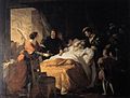 フランソワ＝ギヨーム・メナジョ（英語版）『レオナルドの死』1781年。油彩、キャンバス、278 × 357 cm。アンボワーズ市庁舎[48]。