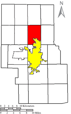 Location of Franklin Township (red) in Richland County, next to the city of Mansfield (yellow).