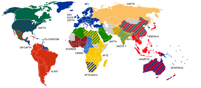 Carte des zones de libre-échange en 2017.