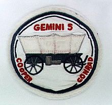 Gordon Cooper's Gemini 5 mission patch; NASA's first crewed patch Gemini5-Patch.jpg