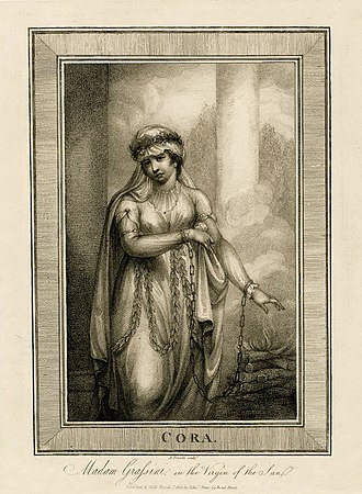 Giuseppina Grassini, dans le rôle de Cora, Vierge du soleil. Gravure 19e siècle. A. Freschi