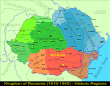 Map of the Kingdom of Romania between 1918 and 1940 (Greater Romania) and its historical regions GreaterRomaniaHistoricRegions.png