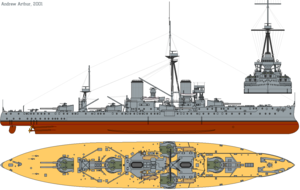 3-view drawing of HMS Dreadnought in 1911, with QF 12 pdr guns added.