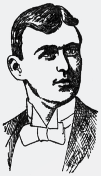 A black and white portrait illustration of a man wearing a suit and bowtie