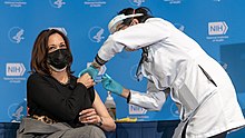 Kamala Harris, Vice President of the United States, receiving her second dose of the Moderna vaccination in January 2021. Kamala Harris getting her second COVID-19 vaccination.jpg