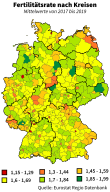 Fertility rate in Germany by district, average of 2017-2019 Karte Fertalitatsrate 2017 - 2019.svg