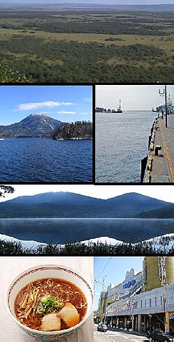Top:Kushiro Wetland Park, 2nd left:Lake Akan, 2nd right Port of Kushiro, 3rd: Mount Akan-Fuji, Bottom left:Kushiro Ramen, Bottom right:Kushiro Fisherman's Wharf