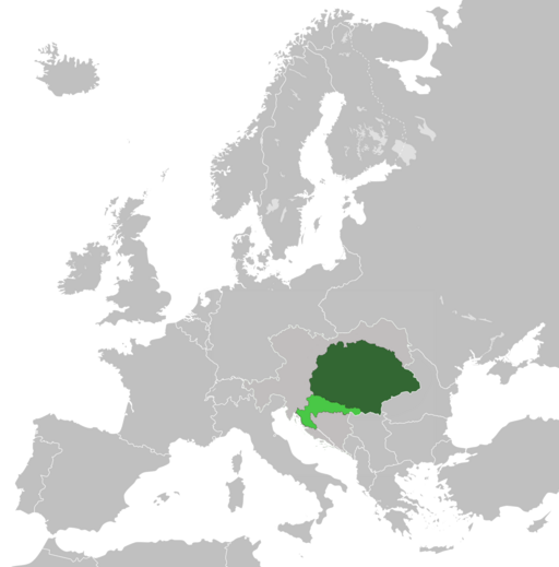 The Kingdom of Hungary (dark green) as well as Kingdom of Croatia-Slavonia (light green) within Austria-Hungary in 1914