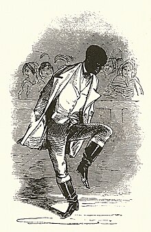 Gravure en noir et blanc montrant un homme noir en train de danser devant un public