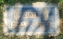 Photo of a headstone with the names Zuver, Merle D (1905 - 1969) and Evelyn H. (1916 - 2007)