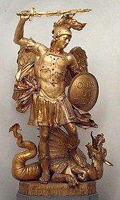 Statue of the Archangel Michael at the University of Bonn, slaying Satan as a dragon; Quis ut Deus is inscribed on his shield Michael4.jpg