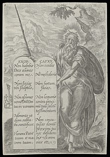 Print of Moses showing the Ten Commandments. Made at the end of the sixteenth century. Mozes toont de Tien Geboden.jpg