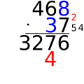 Första multiplikationen med 3:an ( 3 · 8 = 24 ) 2:an skrivs som minnessiffra till höger. 4:an skrivs ett steg åt vänster.