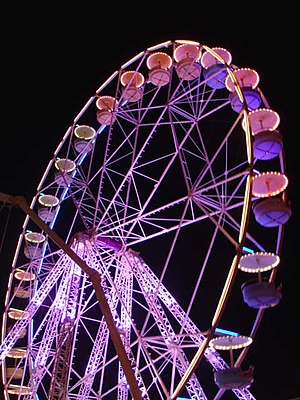 A Ferris wheel at night.