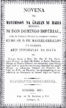 A booklet of the novena to Sweetest Name of Mary, in Bikol and printed in Binondo, Manila dated 1867 Novena sa Inang Penafrancia.gif