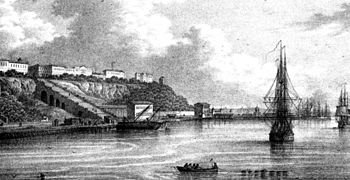 Иллюстрация гавани Одесского порта. Видна спускающаяся с плато Гигантская лестница. Середина XIX века