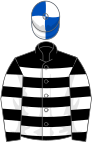 Black and white hoops, royal blue and white quartered cap