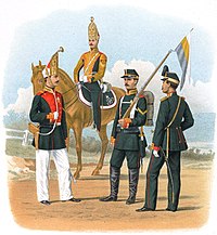 1865-1872. Reggimeto Pavlovskij della Guardia imperiale. Feld'febel' e trombettiere in alta uniforme, sottufficiale in uniforme da marcia, ufficiale in uniforme ordinaria