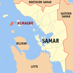 Mapa ng Samar na nagpapakita sa lokasyon ng Almagro.
