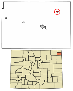 Location of the Amherst CDP in Phillips County, Colorado.