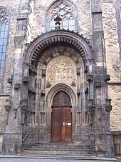 Northern portal of the Church of Our Lady before Tyn in the Old Town of Prague built by Parler's workshop Prag Teynkirche Nordportal.jpg