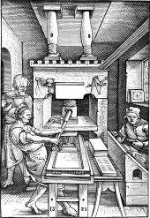 Early wooden printing press, depicted in 1520 Press1520.png
