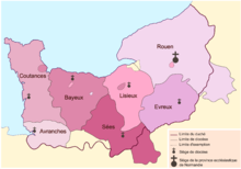 The ecclesiastic provinces of Normandy before 1802. The diocese of Lisieux is in the center in pink.