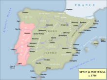 Peninsular Spain, showing Crowns of Castile and Aragon. Spain 1702-1714.png