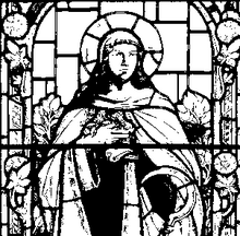 drawing of window in St Mary's Church, South Walsham, Norfolk England depicting Saint Urith. St Urith depicted in window.png