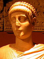 Bust of Emperor Valentinian II, a member of the Valentinianic dynasty's second generation of emperors Statue of emperor Valentinian II detail.JPG