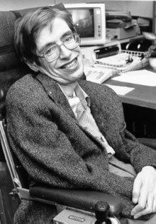 Black-and-white photograph of Stephen Hawking at NASA's StarChild Learning Center